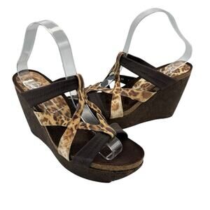 Donald J Pliner Bethia Brown Tan Animal Print Strappy Cork Wedge Summer Sandals